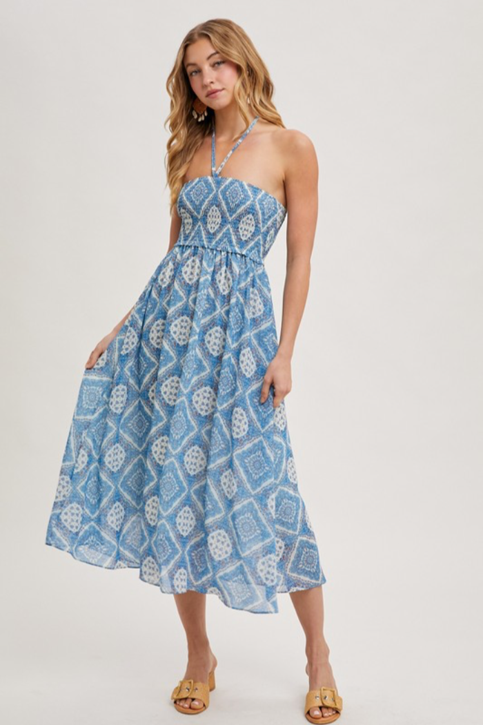 slim fit dress slacks Smocked Halter Dress Blue / L