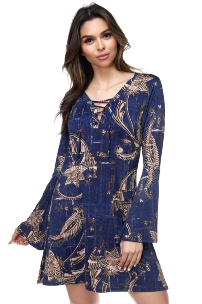 Lace Up Flare Sleeve Dress Blue / S Lace Up Flare Sleeve Dress Blue / S